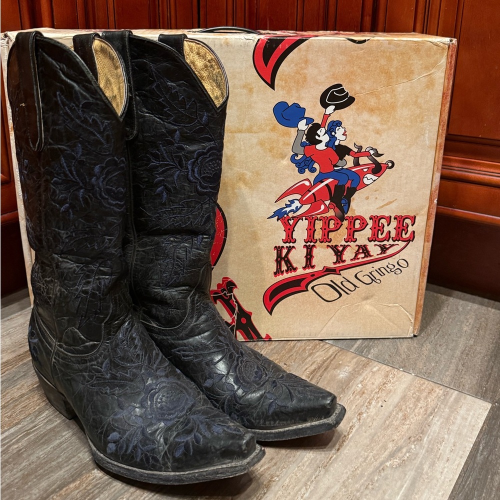Yippee Ki Yay Old Gringo Carmen Rose Blue Embroidered Black Cowgirl Cowboy Boots